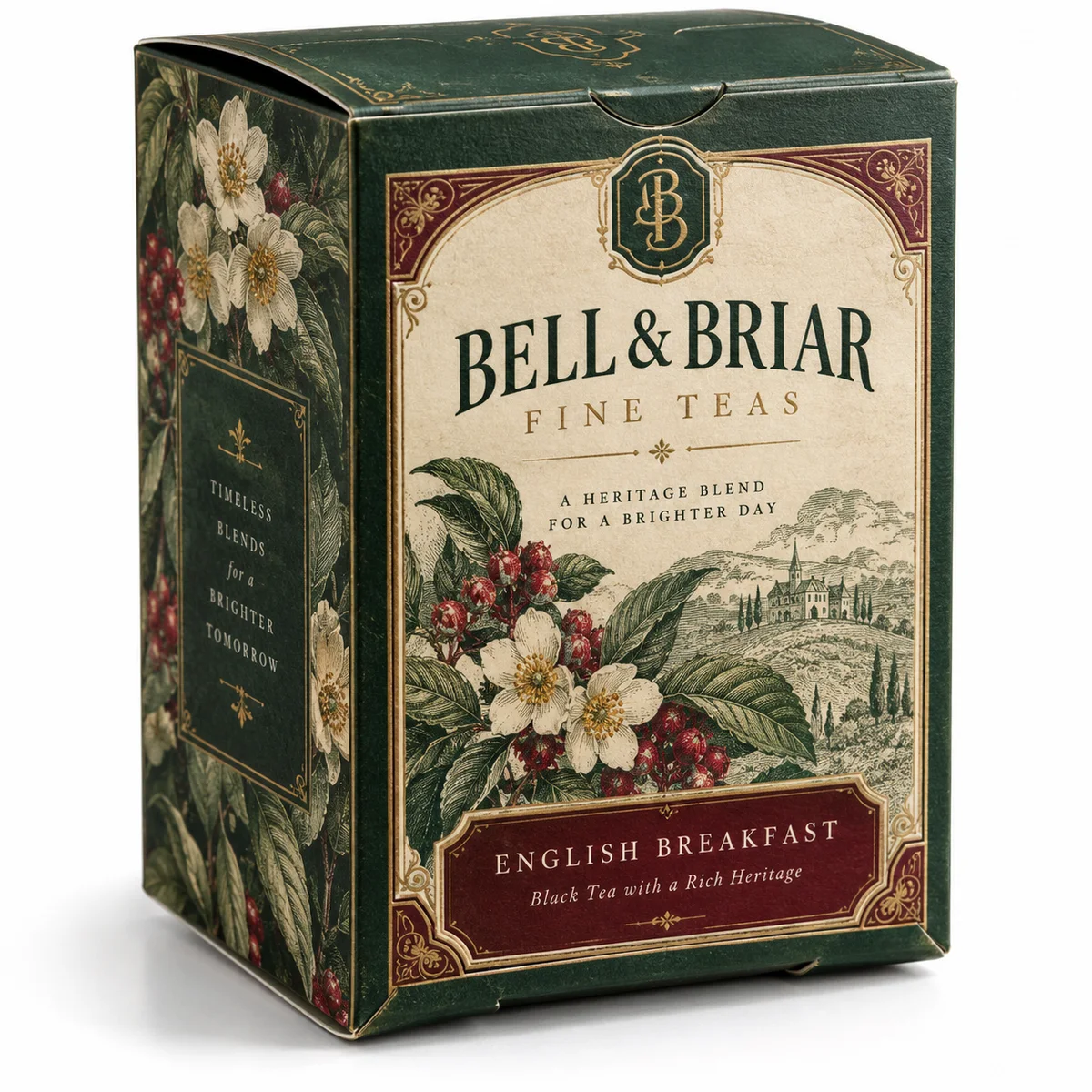 Vintage BELL & BRIAR tea carton with forest-green panels, ornate cream labels, gold borders and botanical artwork.