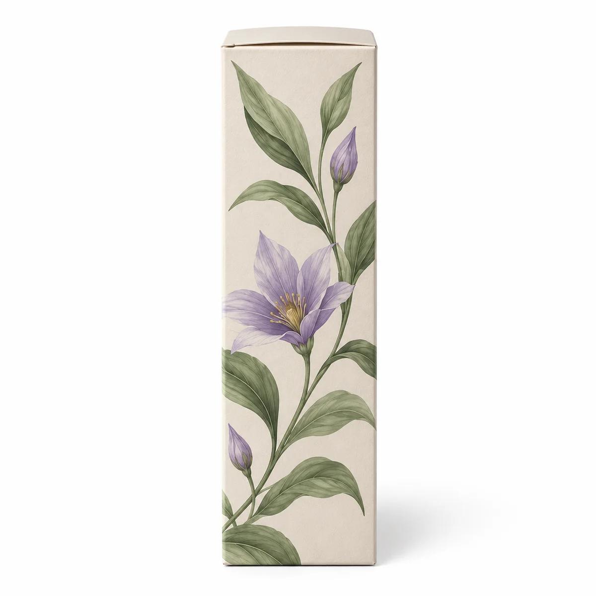 Side profile of a custom auto lock carton with cream paperboard, lavender floral illustrations and green botanical print.