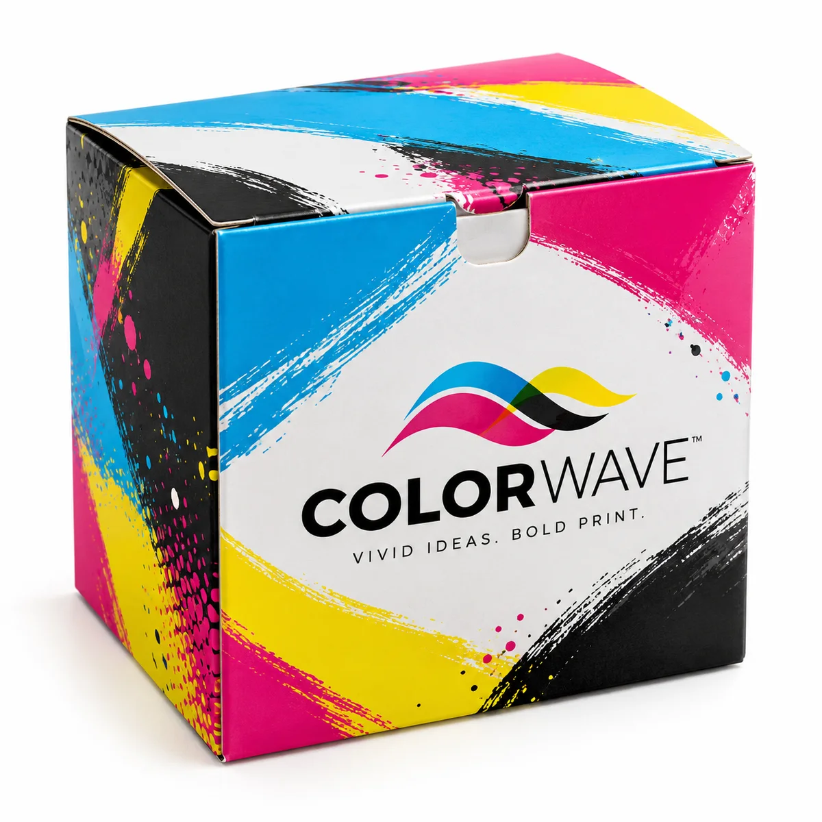COLORWAVE custom printed carton featuring cyan, magenta, yellow and black brushstroke graphics with a closed tuck-top lid.