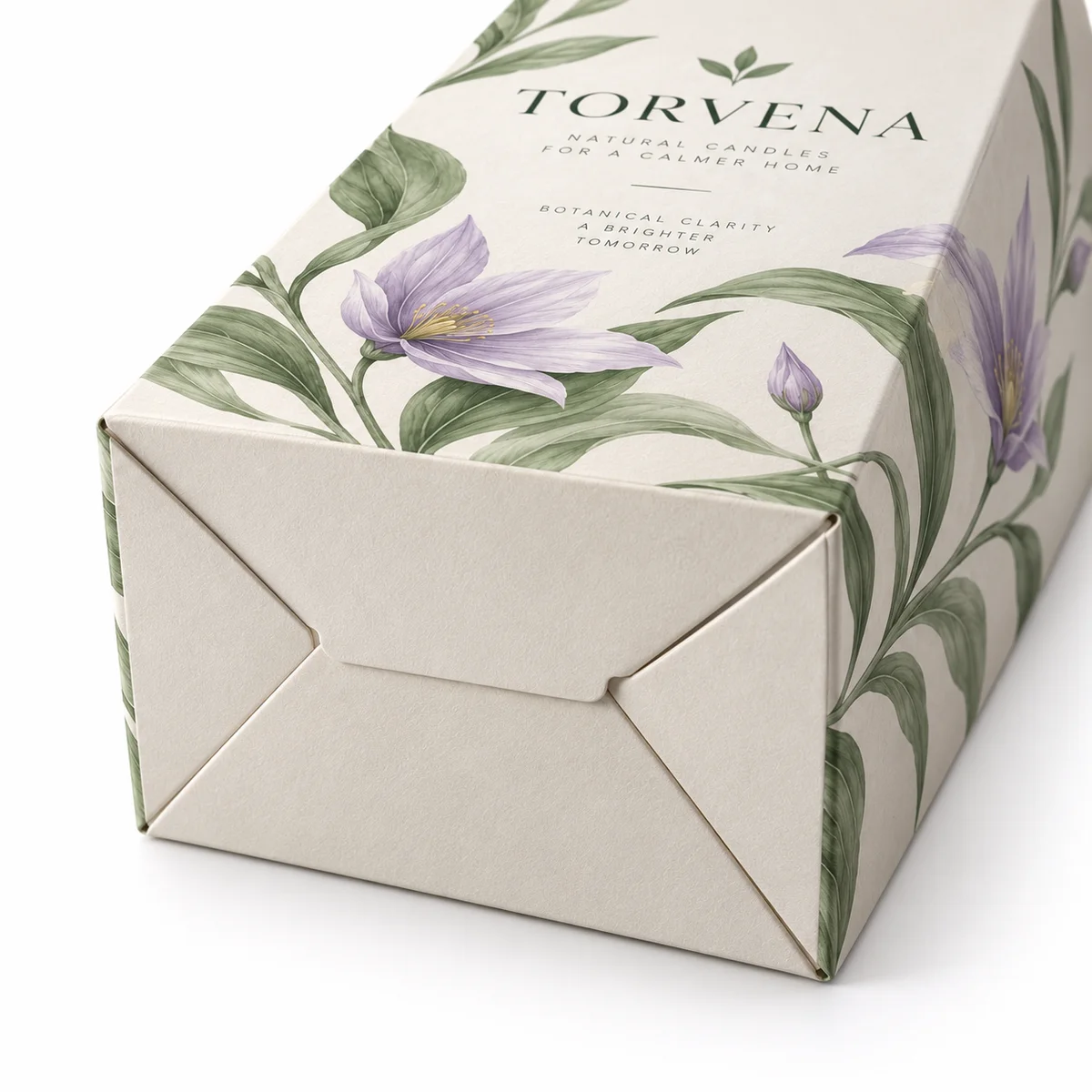 Close-up of the folded auto lock box bottom showing overlapping locking flaps, diagonal creases and ivory paperboard texture.