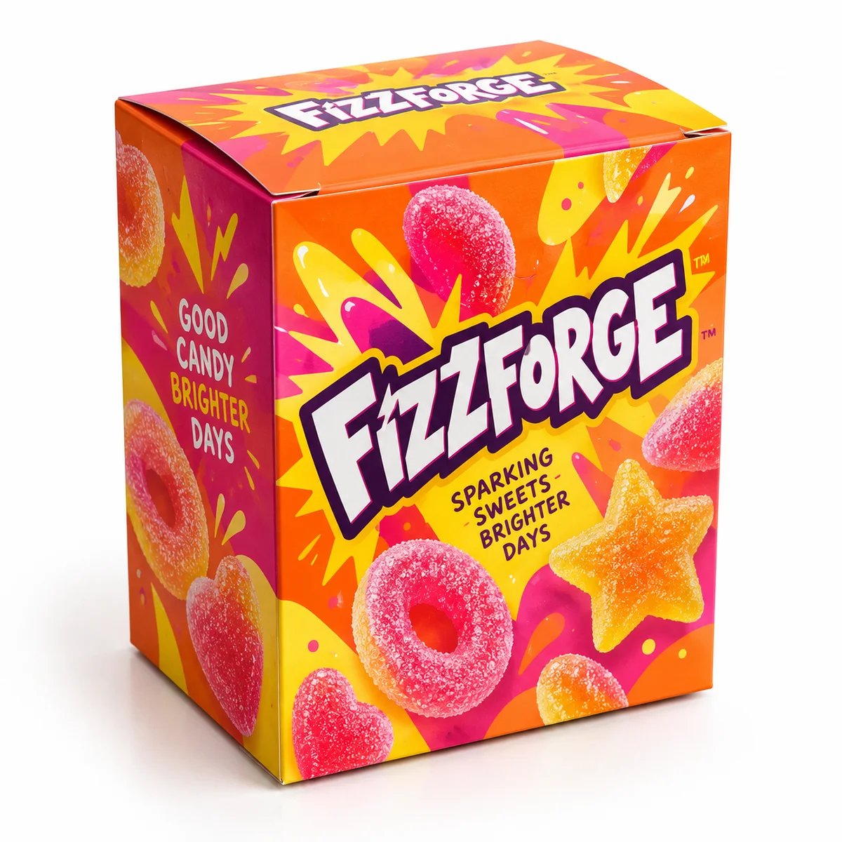 Bright FIZZFORGE candy box with orange, pink and yellow graphics, oversized white lettering and colorful gummy shapes.