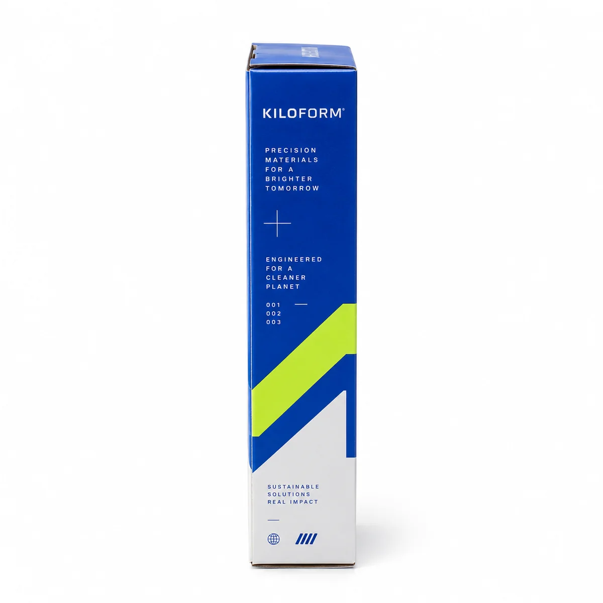 Side profile of a blue KILOFORM folding carton with a lime diagonal stripe, white technical typography and closed top.