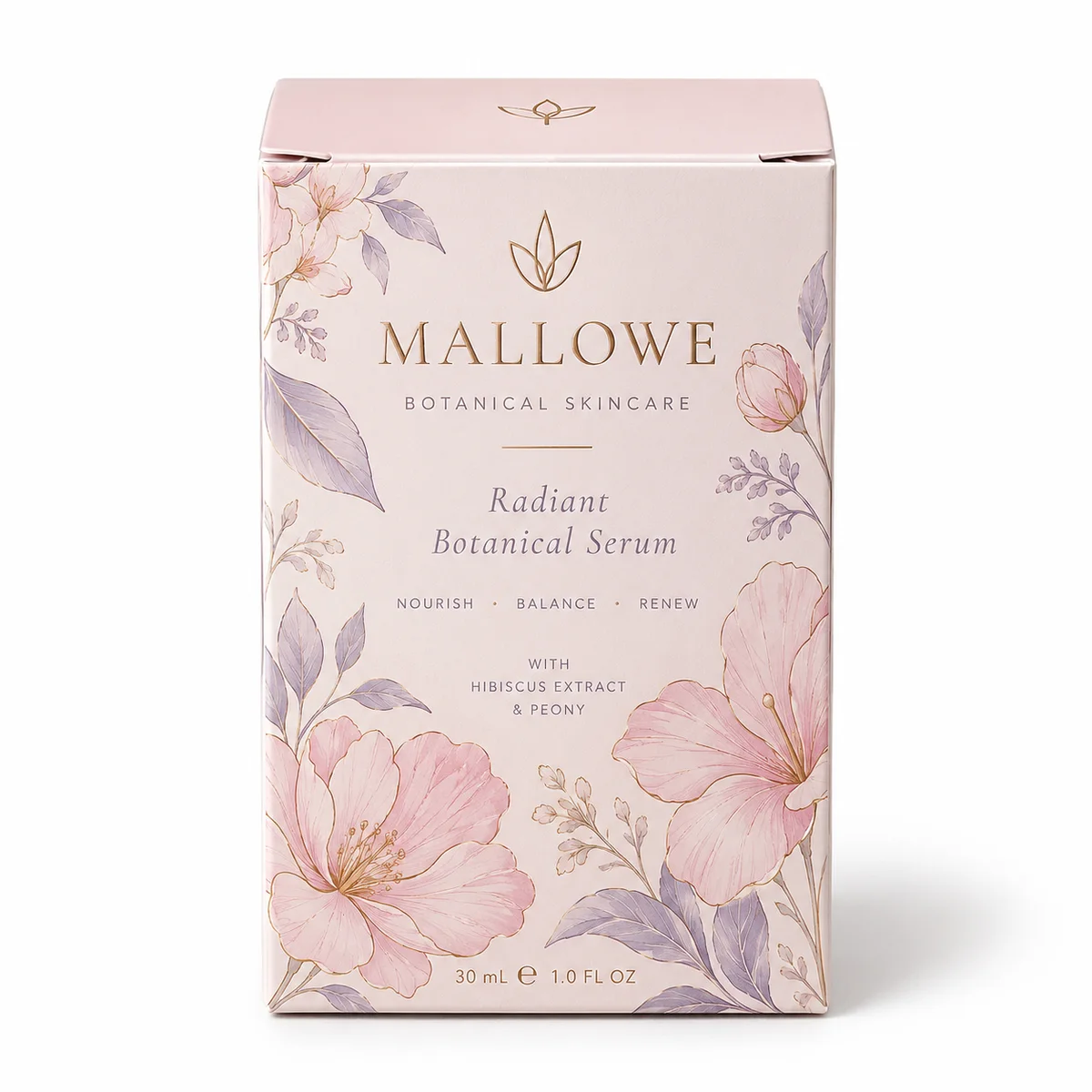 Front view of a blush-pink MALLOWE skincare carton with delicate floral illustrations, lavender accents and a closed top.