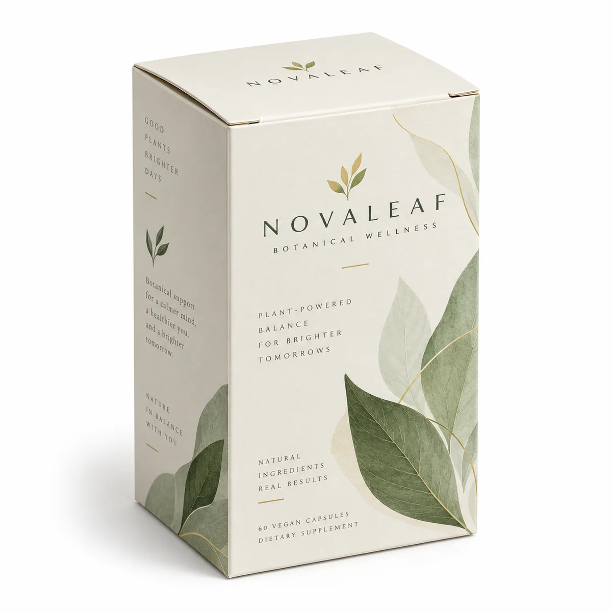 Ivory custom auto lock box for NOVALEAF featuring sage-green leaf illustrations, elegant typography and a closed tuck-top lid.