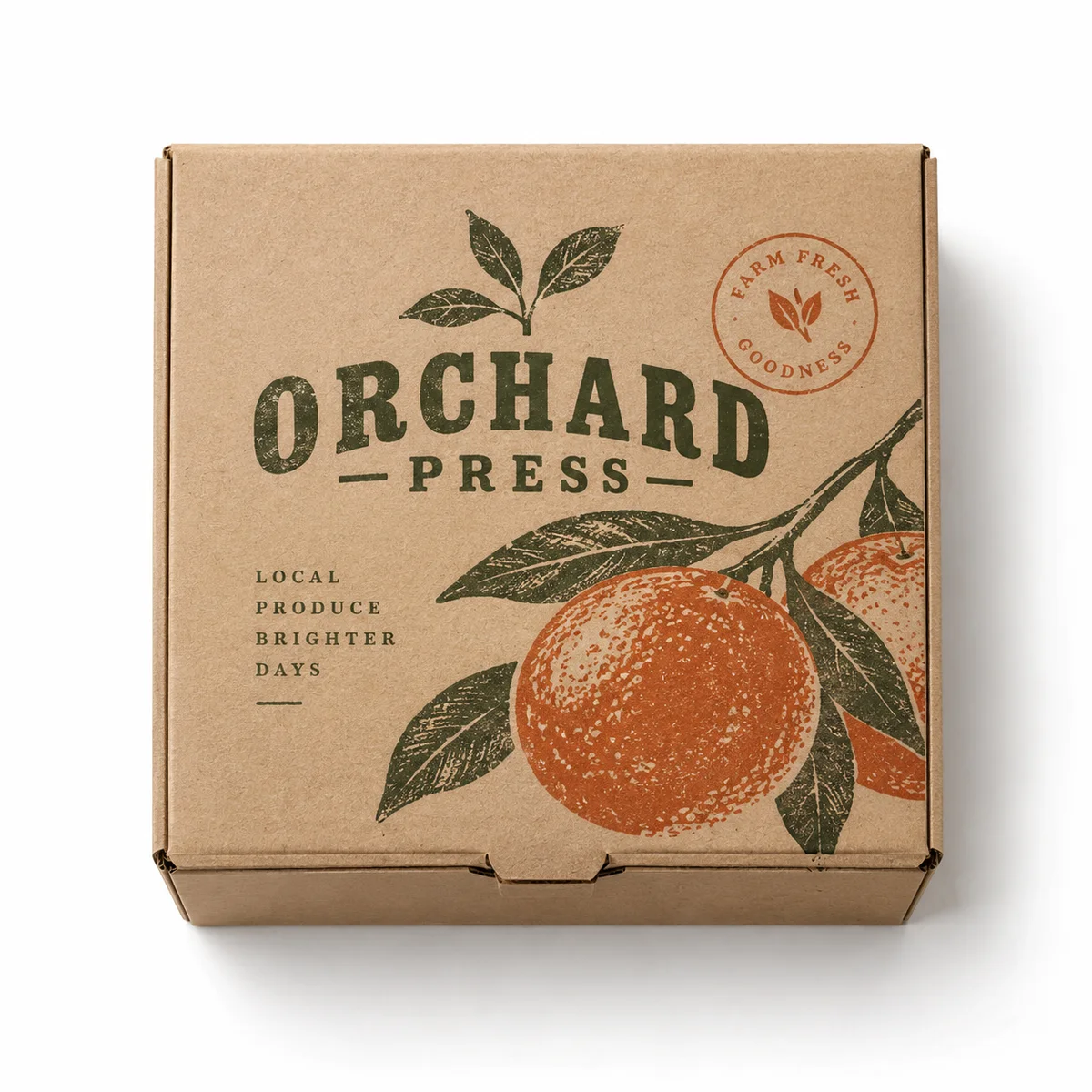 Kraft packaging box with ORCHARD PRESS vintage lettering, rustic orange illustrations and olive-green botanical graphics.