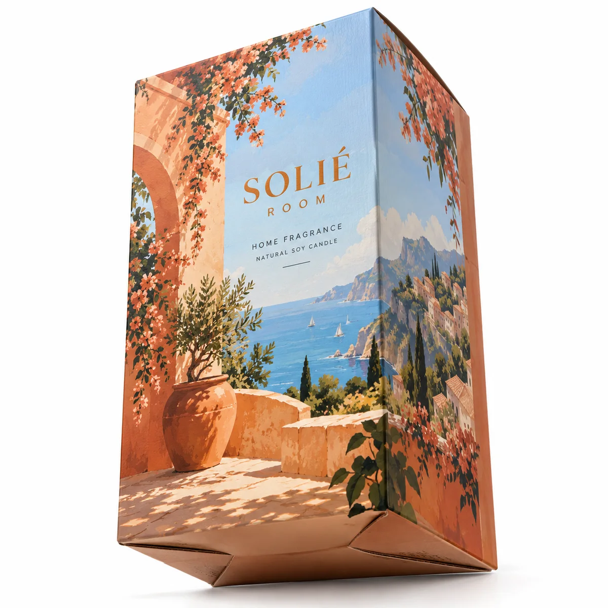 Low-angle view of SOLIÉ ROOM packaging with Mediterranean coastal artwork, terracotta architecture and visible bottom folds.