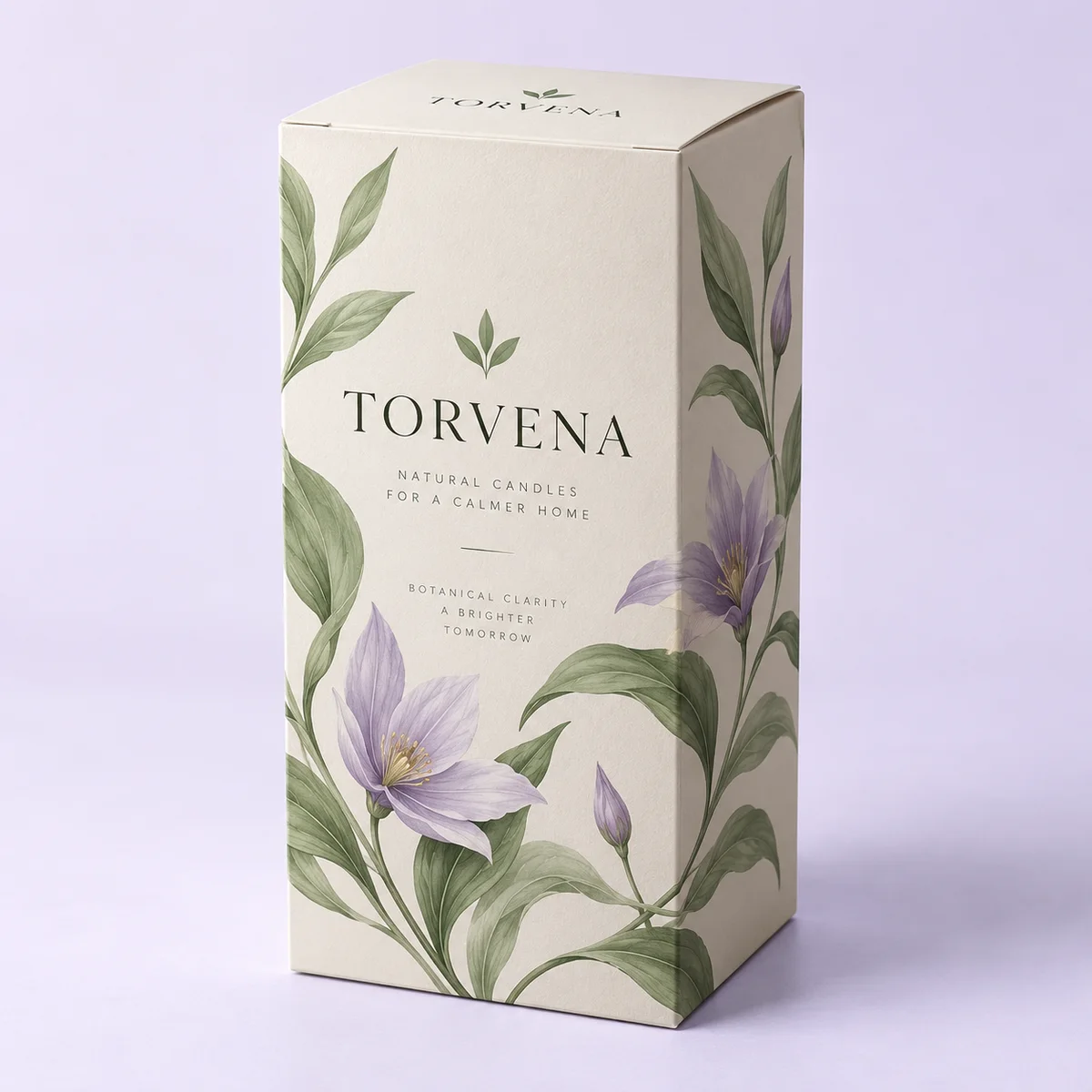 Custom auto lock box with TORVENA botanical candle branding, ivory paperboard, lavender flowers and sage green leaves in an angled view.