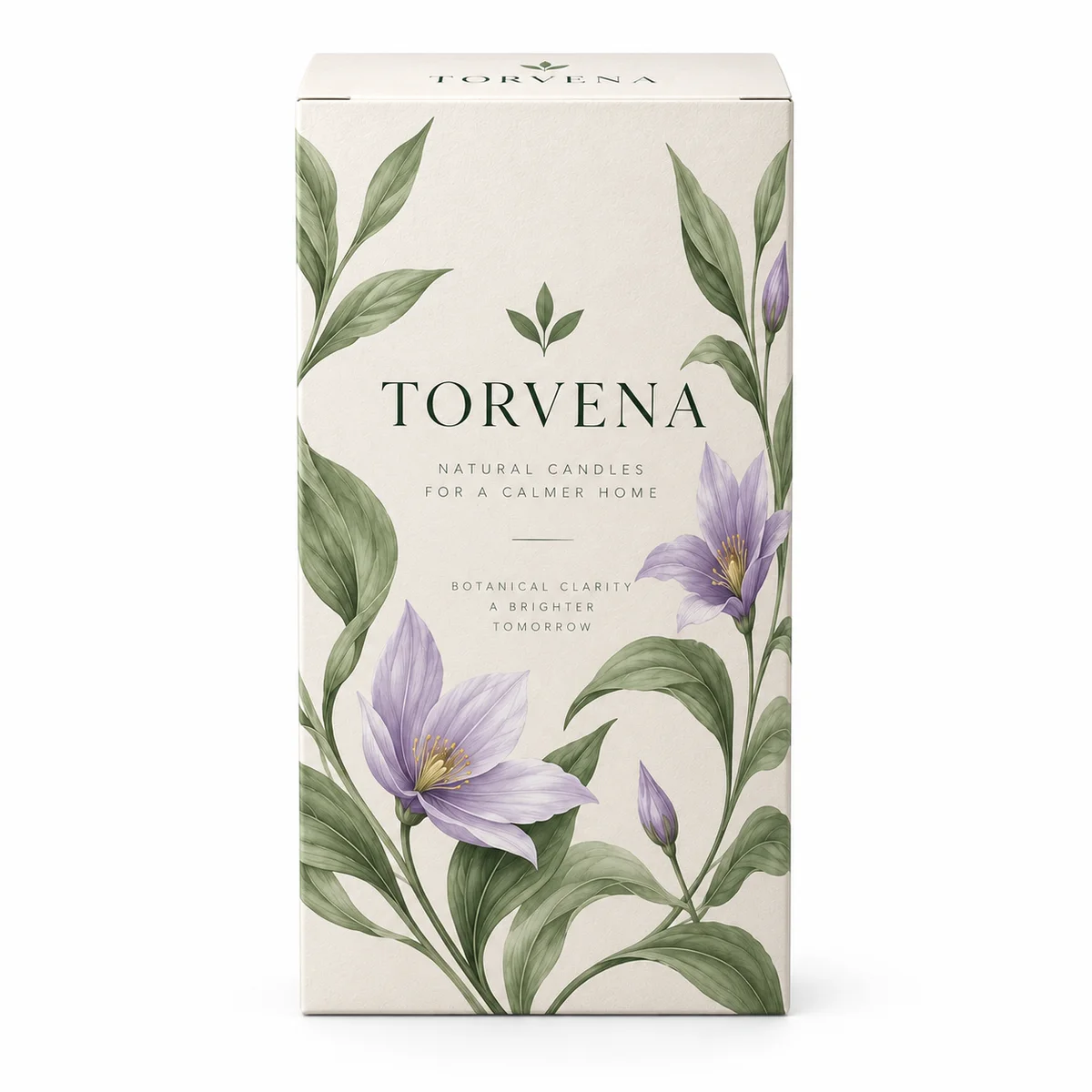 Front view of a custom auto lock box featuring TORVENA candle branding, floral artwork and an ivory matte paperboard appearance.