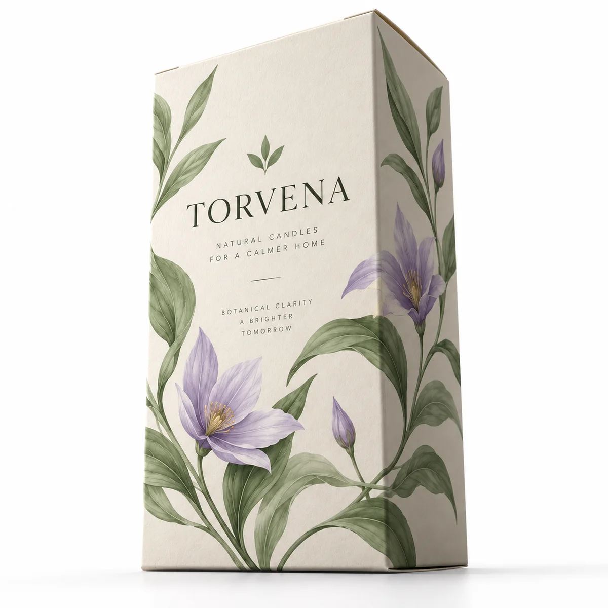 Low-angle view of TORVENA custom auto lock packaging with botanical branding, lavender flowers and a tall rectangular carton shape.