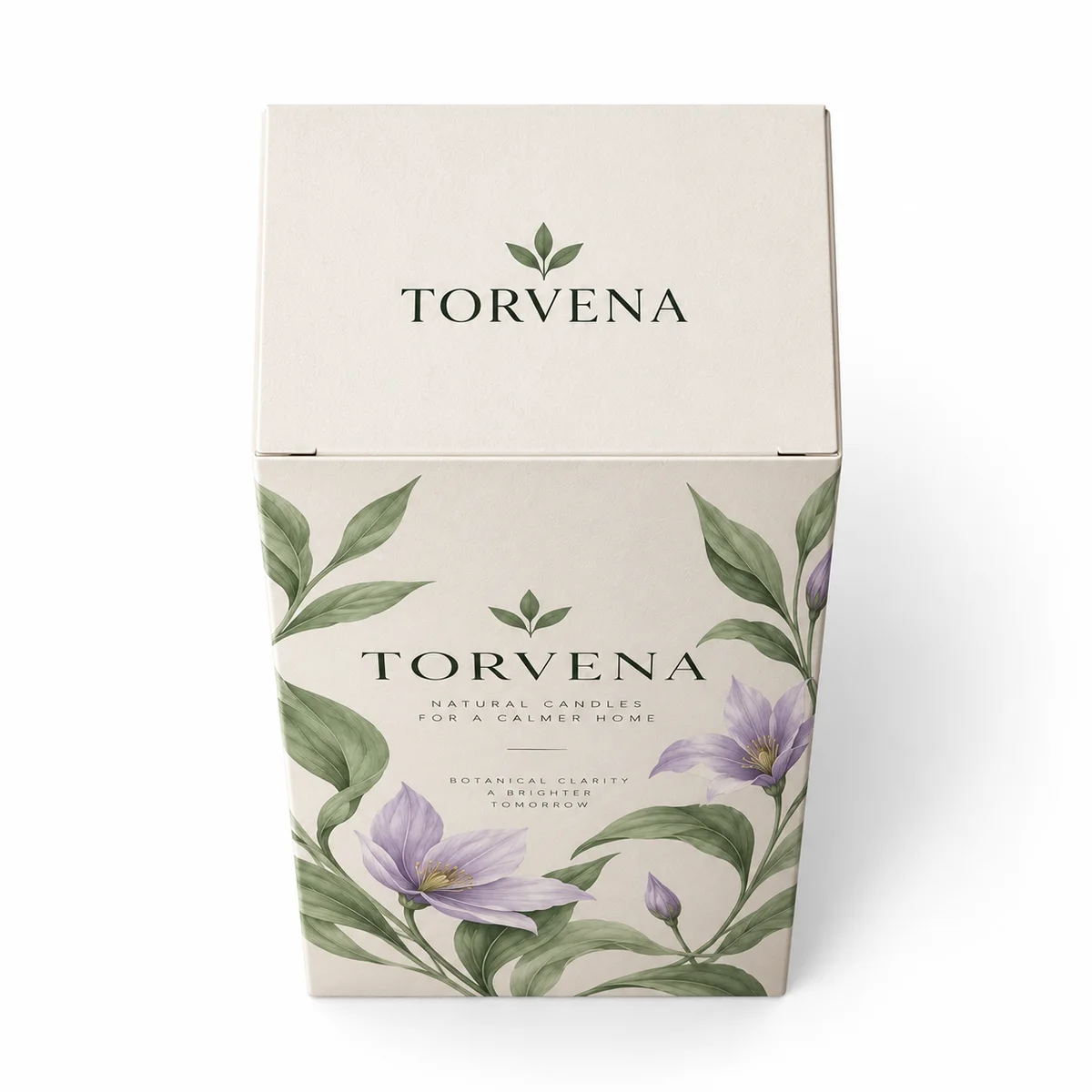 TORVENA custom auto lock packaging showing the closed printed tuck-top panel and botanical front artwork on a white background.
