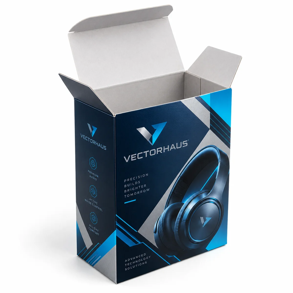 Open VECTORHAUS folding carton with navy, cyan and silver geometric printing, raised tuck-top flaps and headphone artwork.