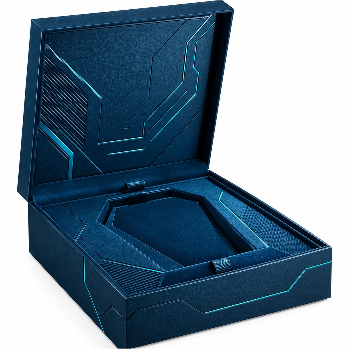 Open petrol-blue rigid award presentation box with cyan geometric detailing and an angular fitted interior compartment.