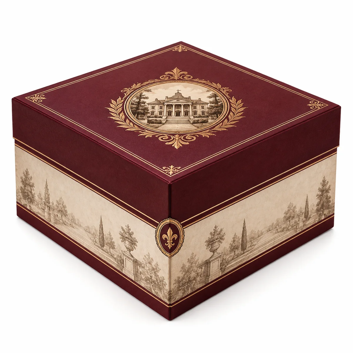 Closed burgundy rigid award presentation box with ornate gold details and vintage architectural artwork on its cream panels.
