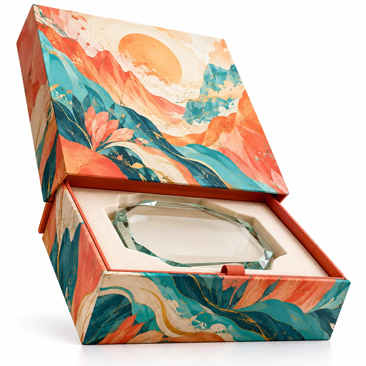 Open rigid award presentation box with colorful coral and teal illustrated artwork and a clear glass award in a cream insert.