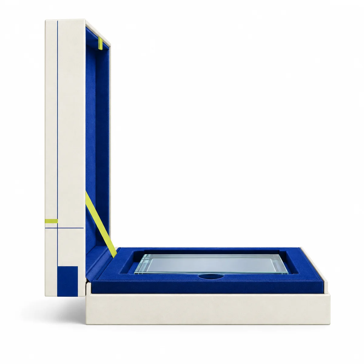 Side profile of an open ivory rigid award presentation box with cobalt blue lining, lime accents and a rectangular glass plaque.