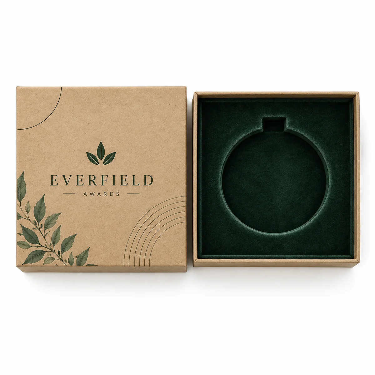 Top view of a kraft award presentation box with forest-green botanical printing and a circular recess in a dark green insert.