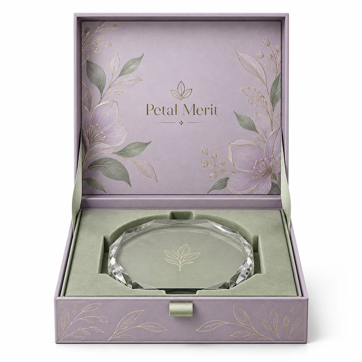Lavender rigid award presentation box with delicate floral artwork, sage-green fitted lining and a faceted crystal award.