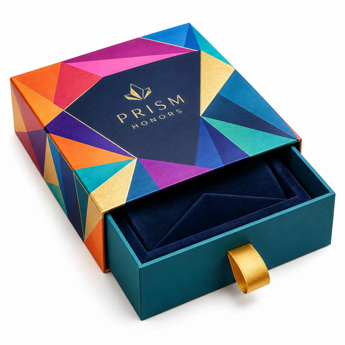 Multicolored geometric rigid award presentation box with a partially open teal drawer, dark fitted insert and gold ribbon pull.