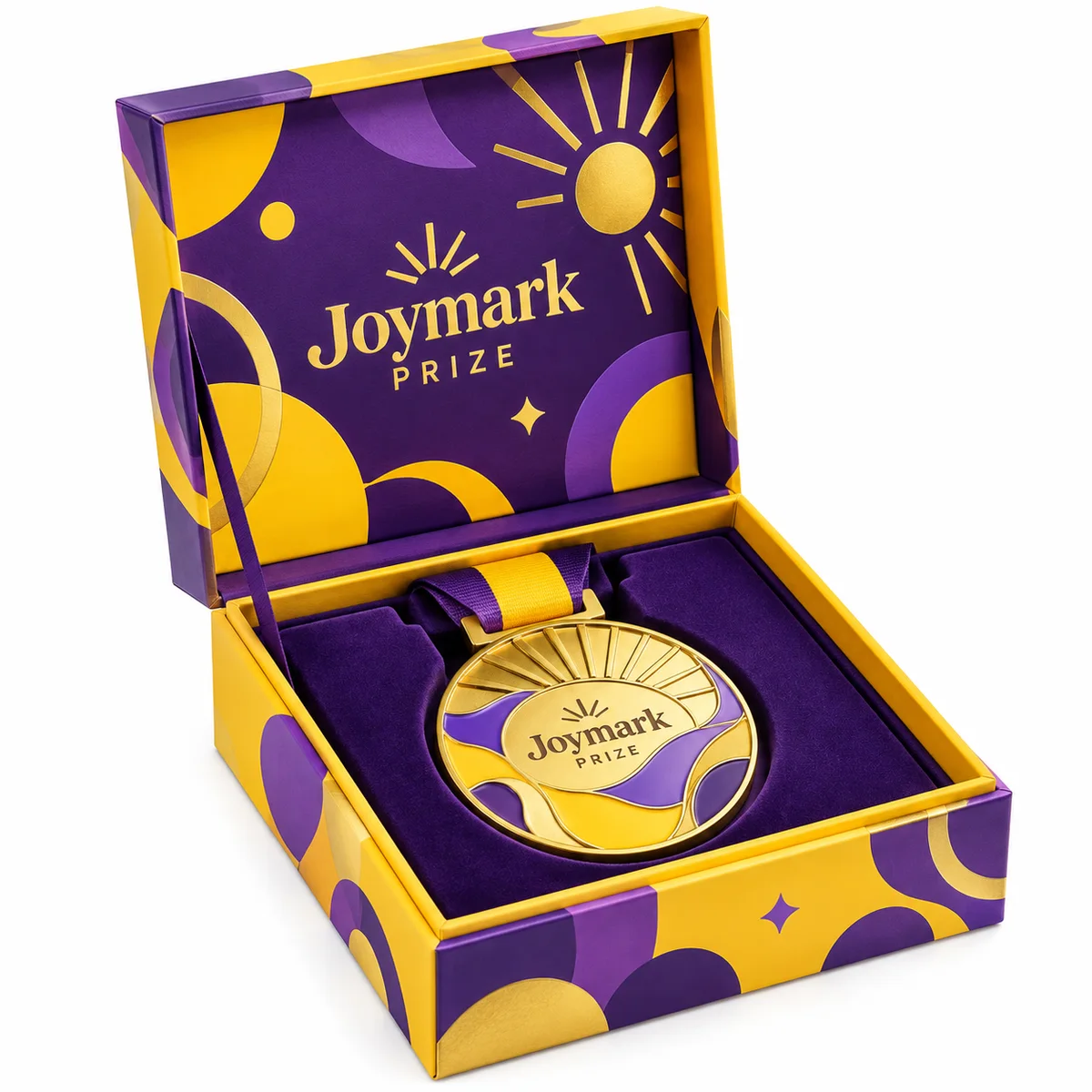 Open purple and yellow award presentation box with playful graphics and a gold medal resting in a deep purple insert.
