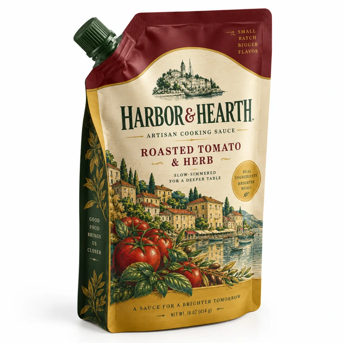 Burgundy HARBOR & HEARTH cooking sauce spout pouch with vintage tomato and herb artwork and red cap.