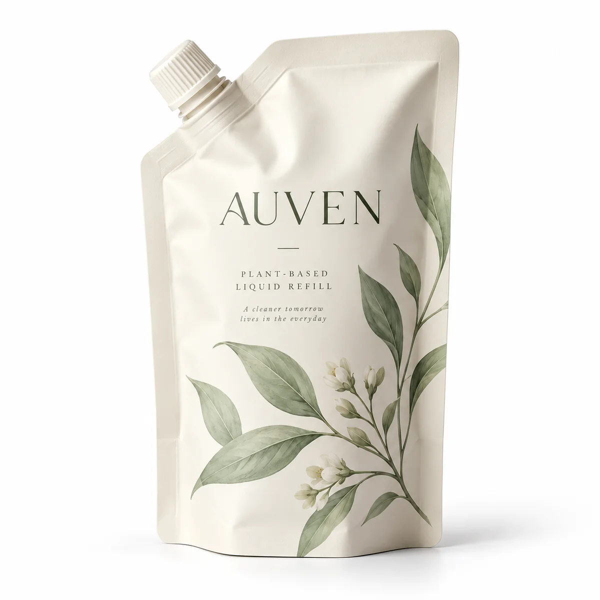 Angled front view of ivory AUVEN spout pouch featuring botanical artwork and a white screw closure.