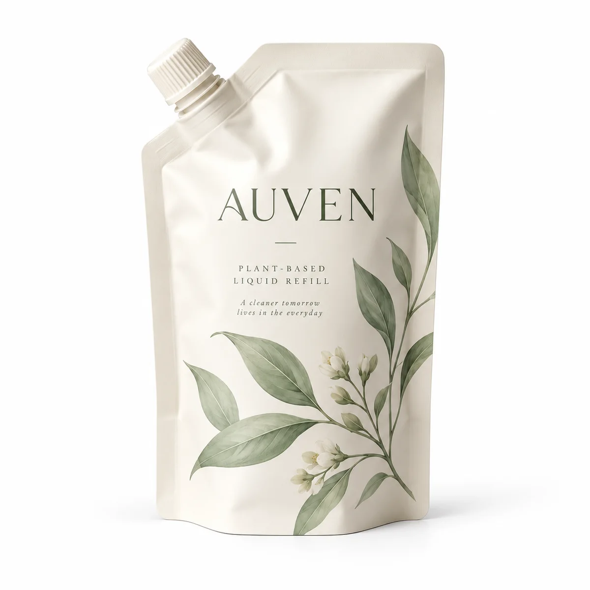 Front view of AUVEN botanical spout pouch with sage leaves, ivory flexible film, and a white screw cap.