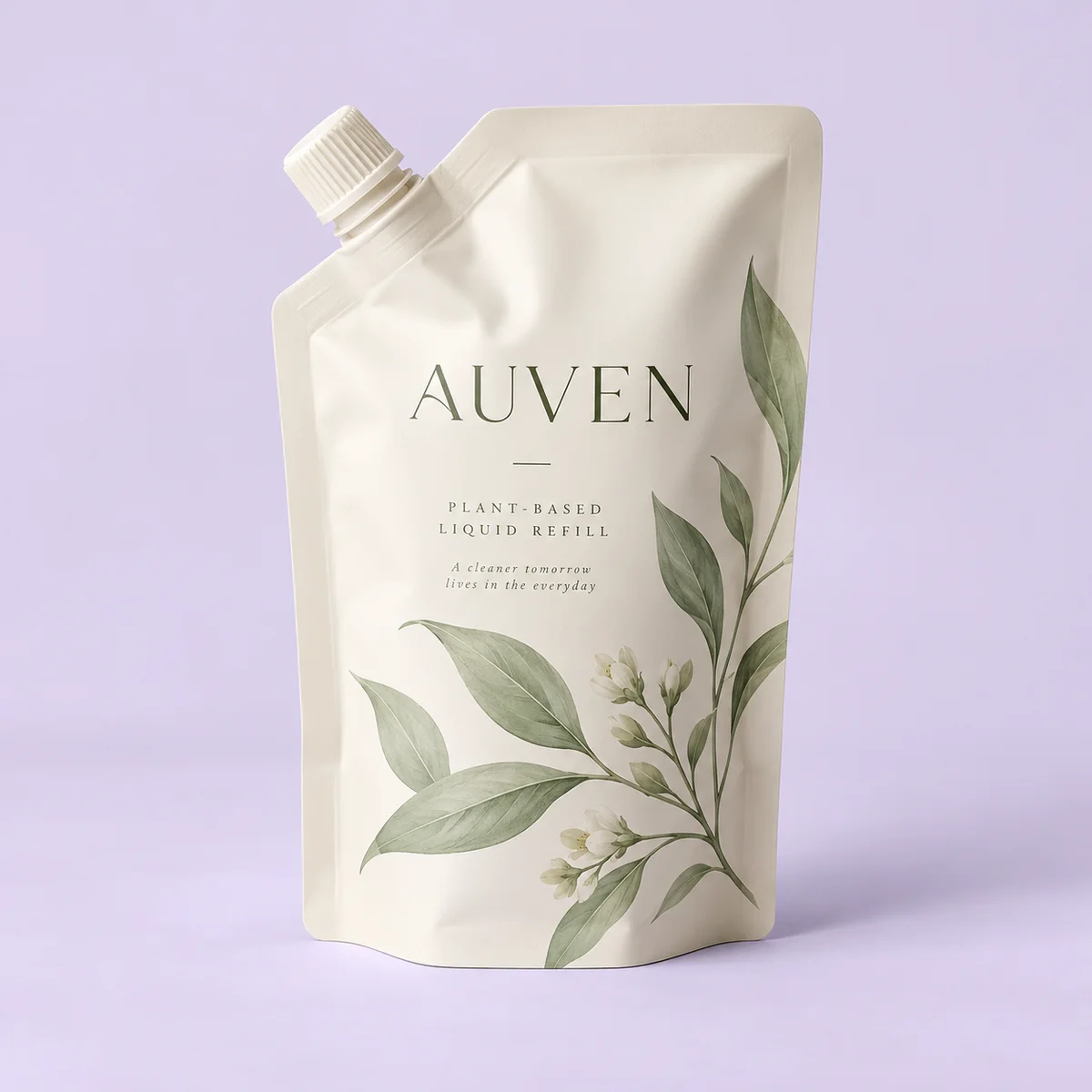 Ivory AUVEN custom spout pouch with sage botanical leaf artwork and white screw cap against a soft lavender background.