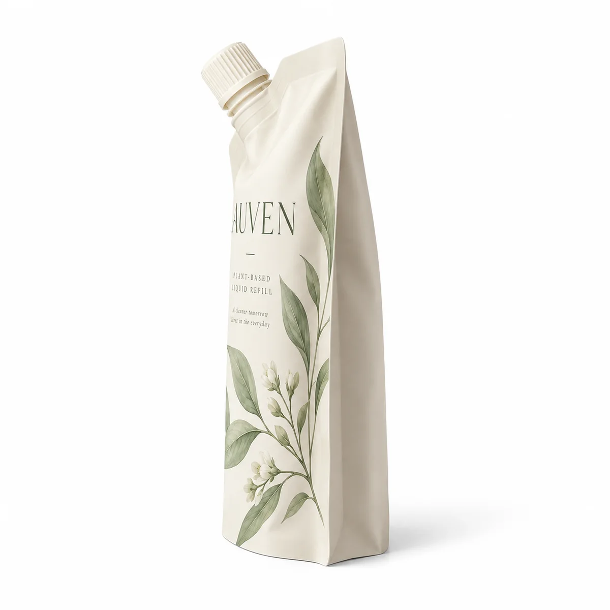 Side profile of AUVEN spout pouch showing its narrow flexible body, standing bottom gusset, and angled screw cap.