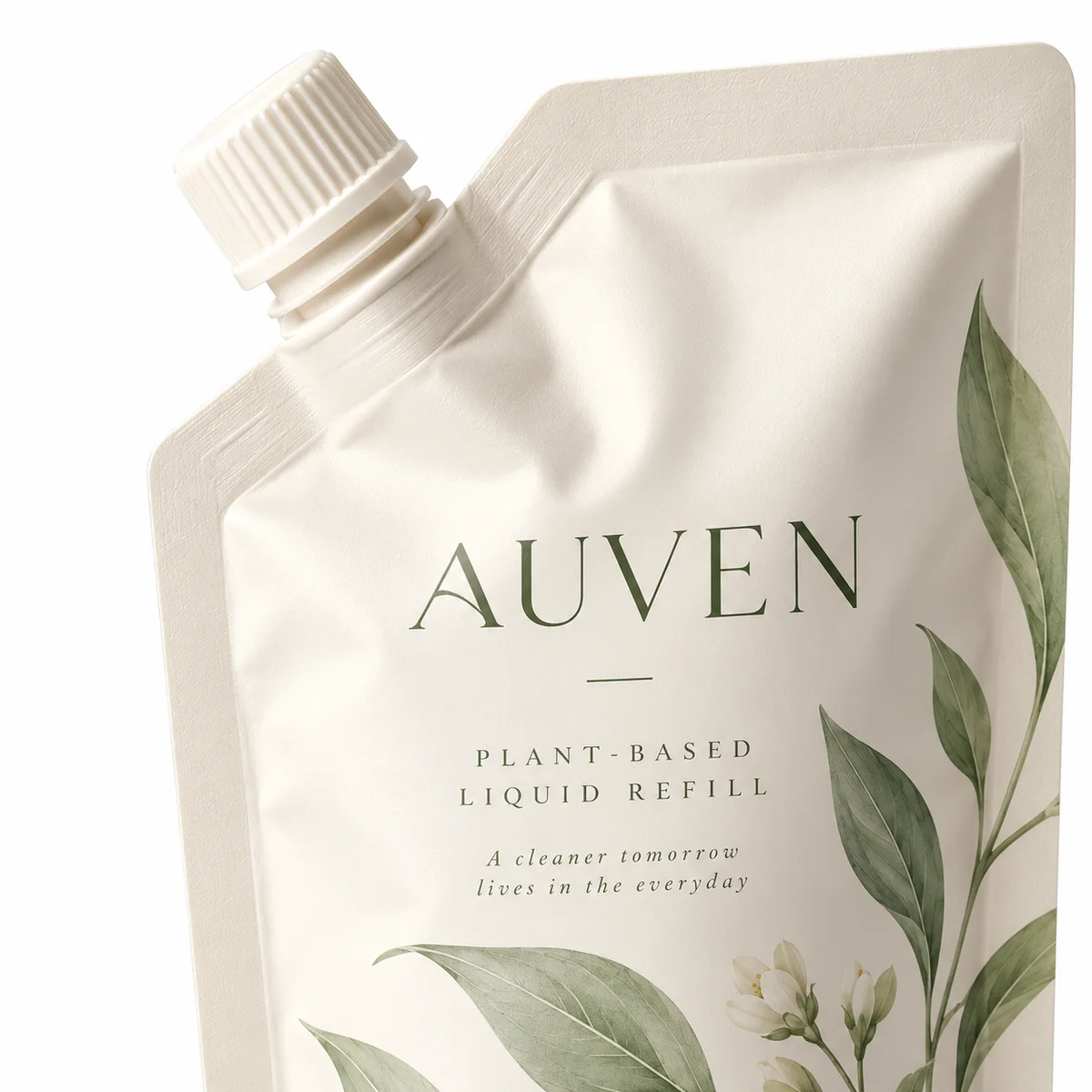 Close-up of AUVEN refill pouch showing ribbed screw cap, spout connection, upper seals, and ivory film texture.
