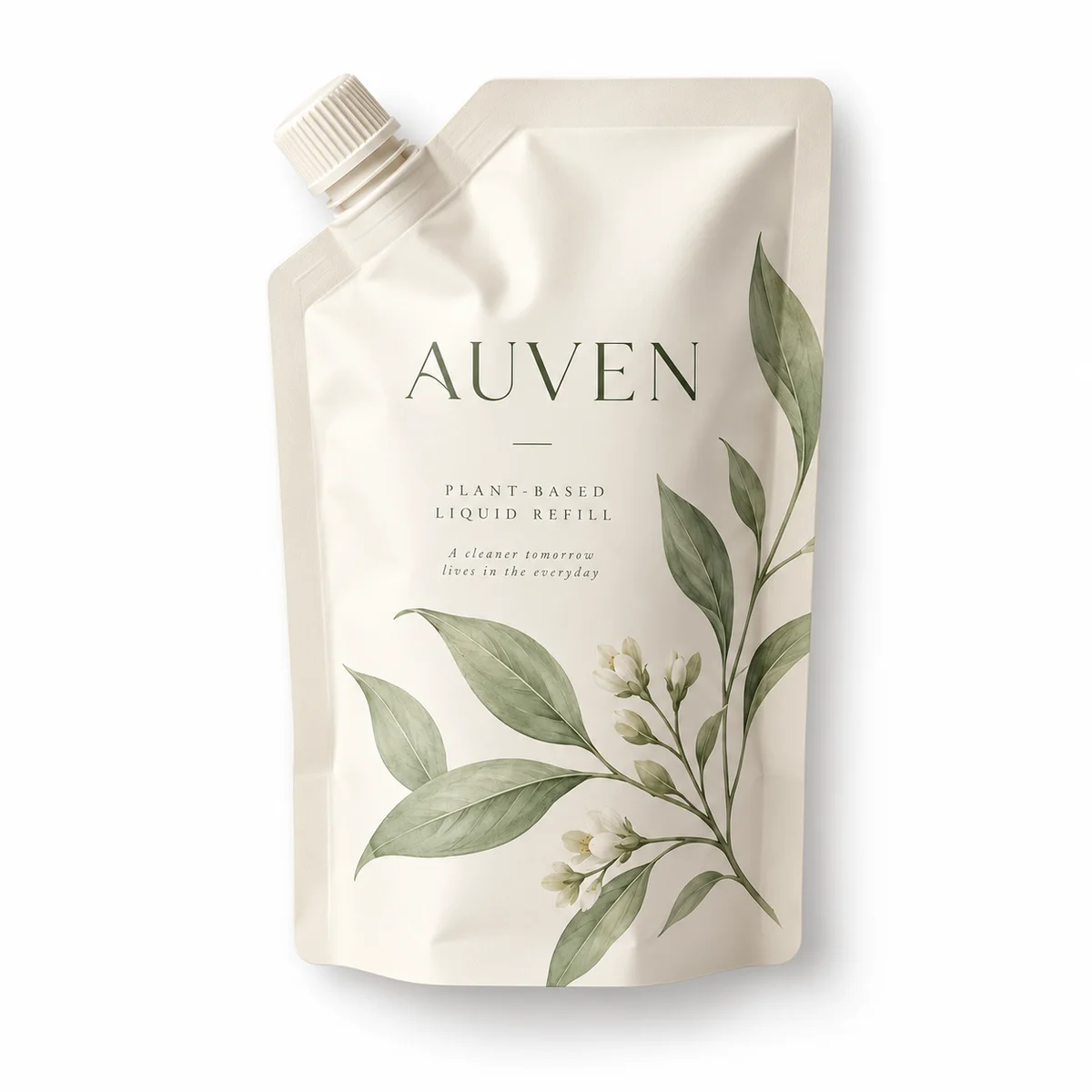 Ivory AUVEN botanical liquid refill spout pouch with white screw cap, sage leaf illustrations, and sealed edges on white.