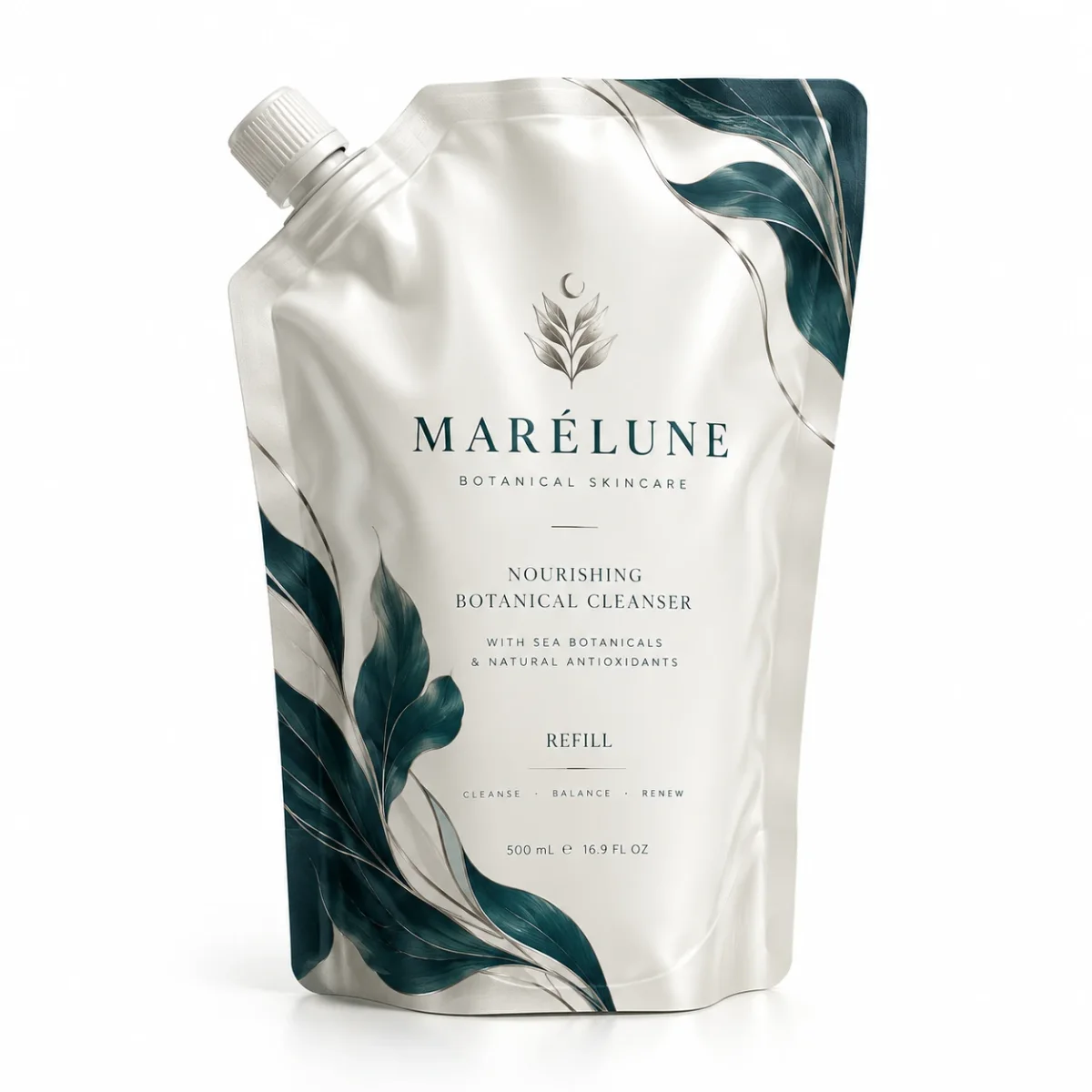 Ivory and deep teal MARÉLUNE skincare refill spout pouch with botanical leaf artwork and white screw cap on white.