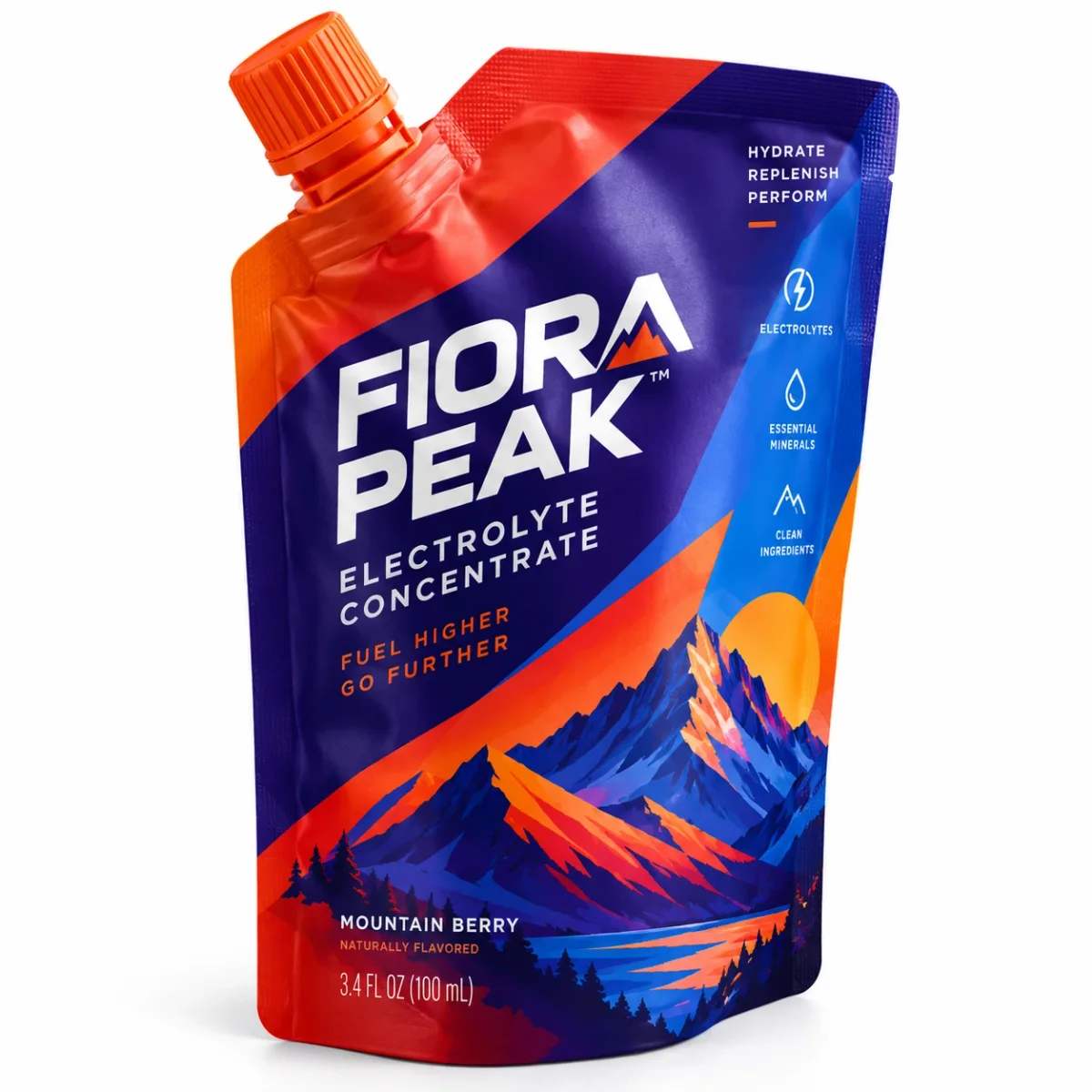 Purple FIORA PEAK electrolyte spout pouch with diagonal orange and violet mountain graphics and purple cap.