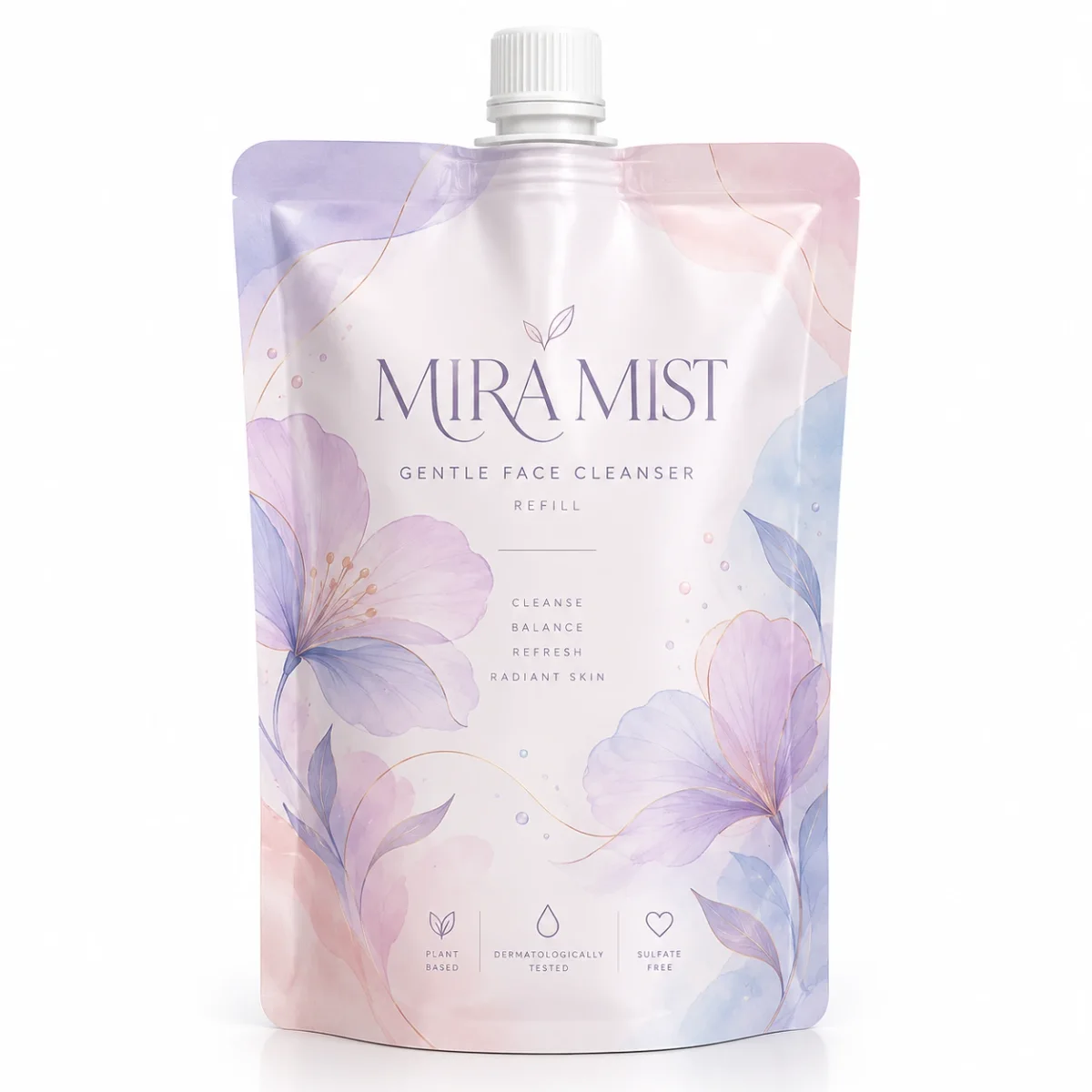 Lavender and blush MIRA MIST facial cleanser refill spout pouch with fine floral illustrations and lilac cap.