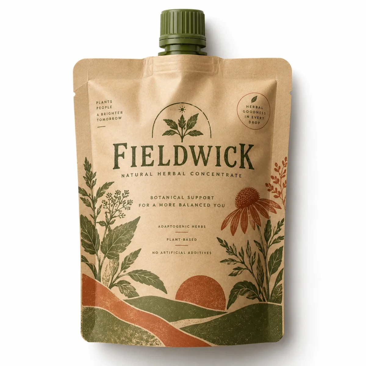 Kraft-look FIELDWICK herbal concentrate spout pouch with green botanical drawings and dark green cap on white.
