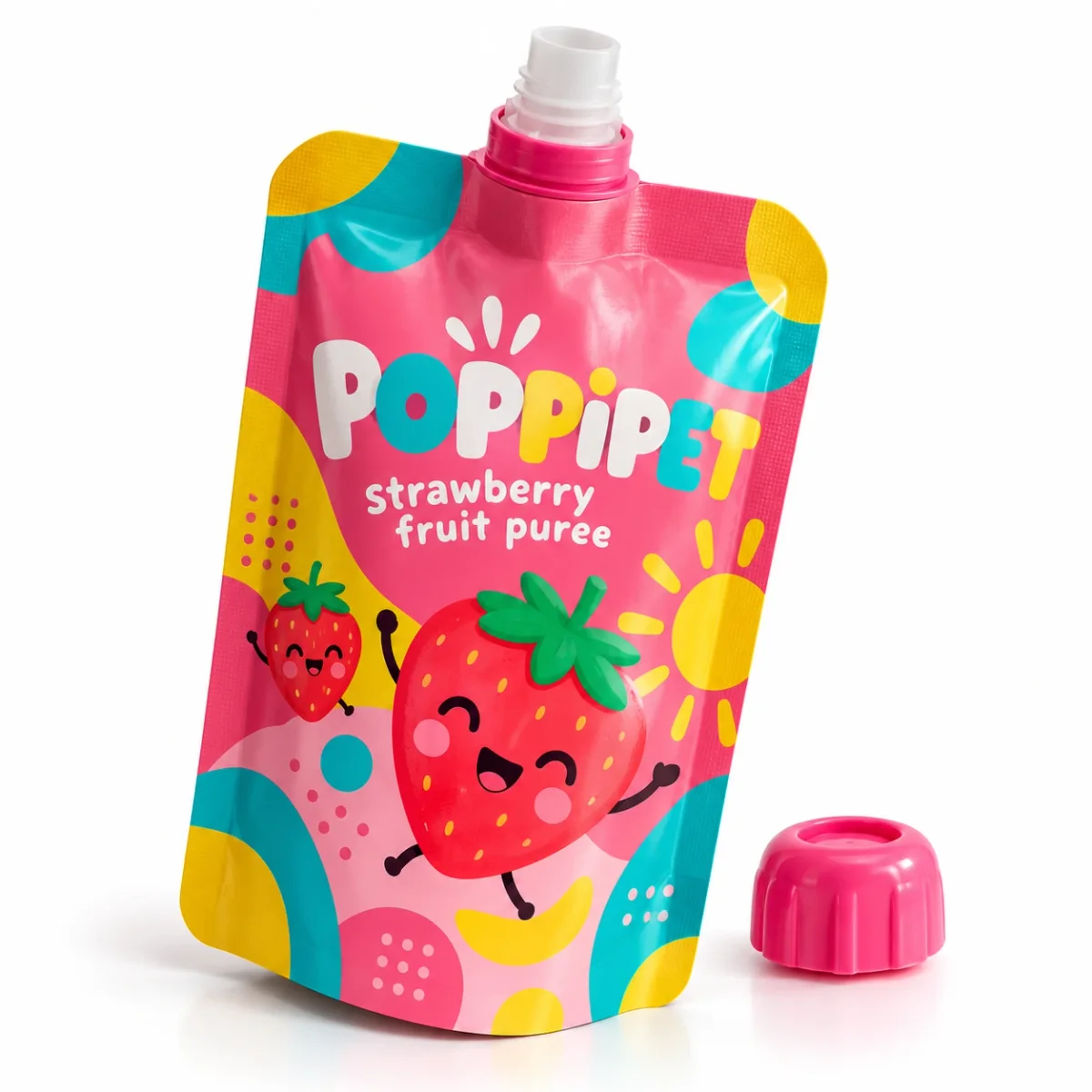 Bright POPPIPET kids fruit puree spout pouch with smiling fruit characters, playful graphics, and yellow cap.