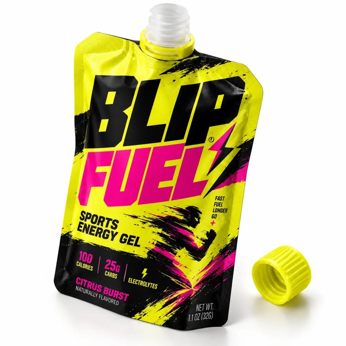 Neon yellow BLIPFUEL energy gel spout pouch with oversized black lettering, pink accents, and black cap.