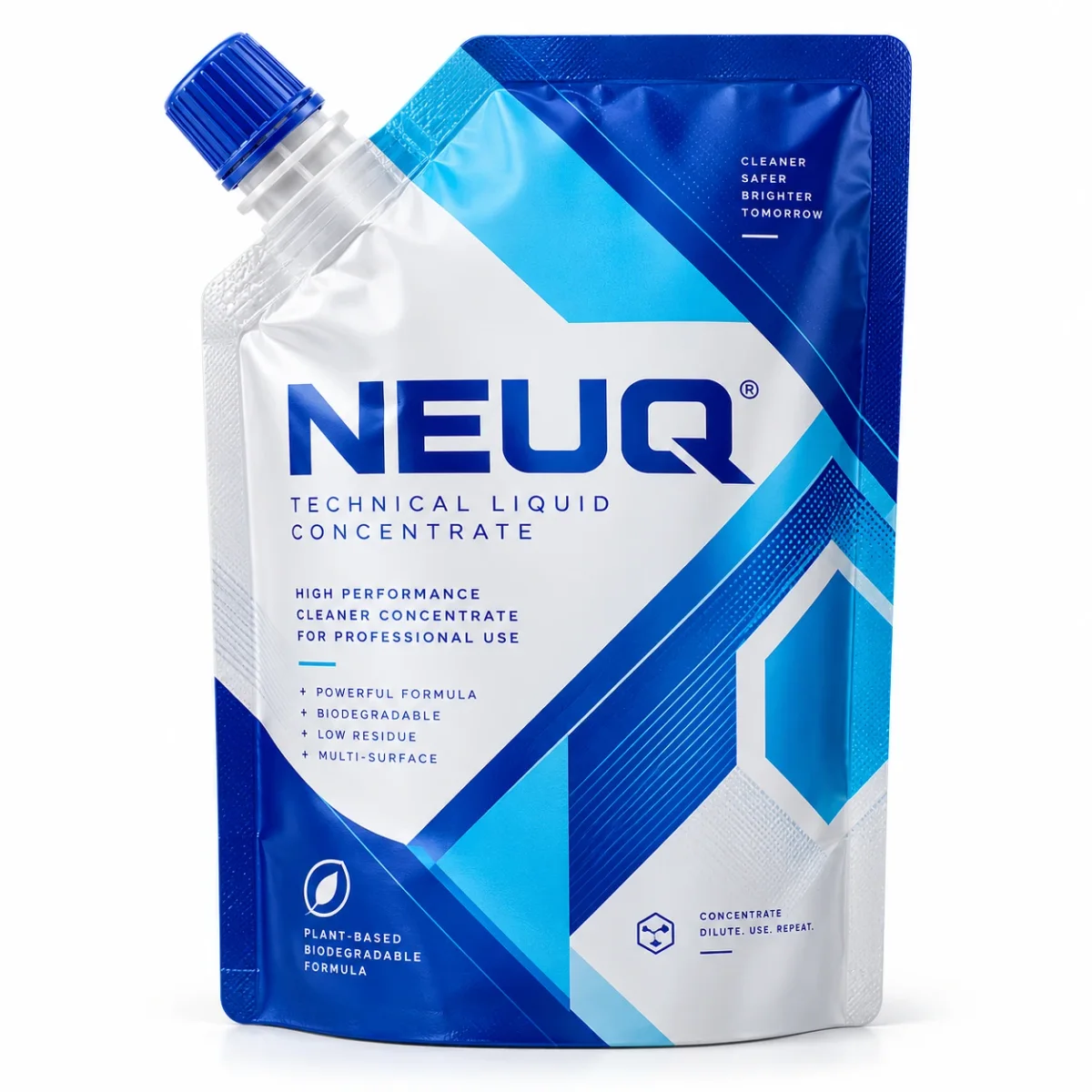 White NEUQ liquid concentrate spout pouch with blue geometric print, technical lettering, and white cap.