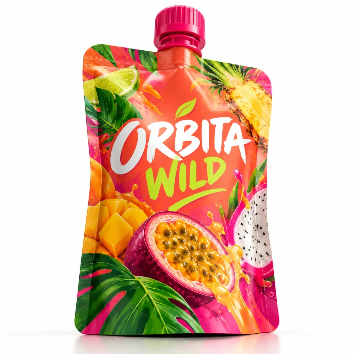 Colorful ORBITA WILD tropical fruit puree spout pouch with mango artwork, green leaves, and pink cap.