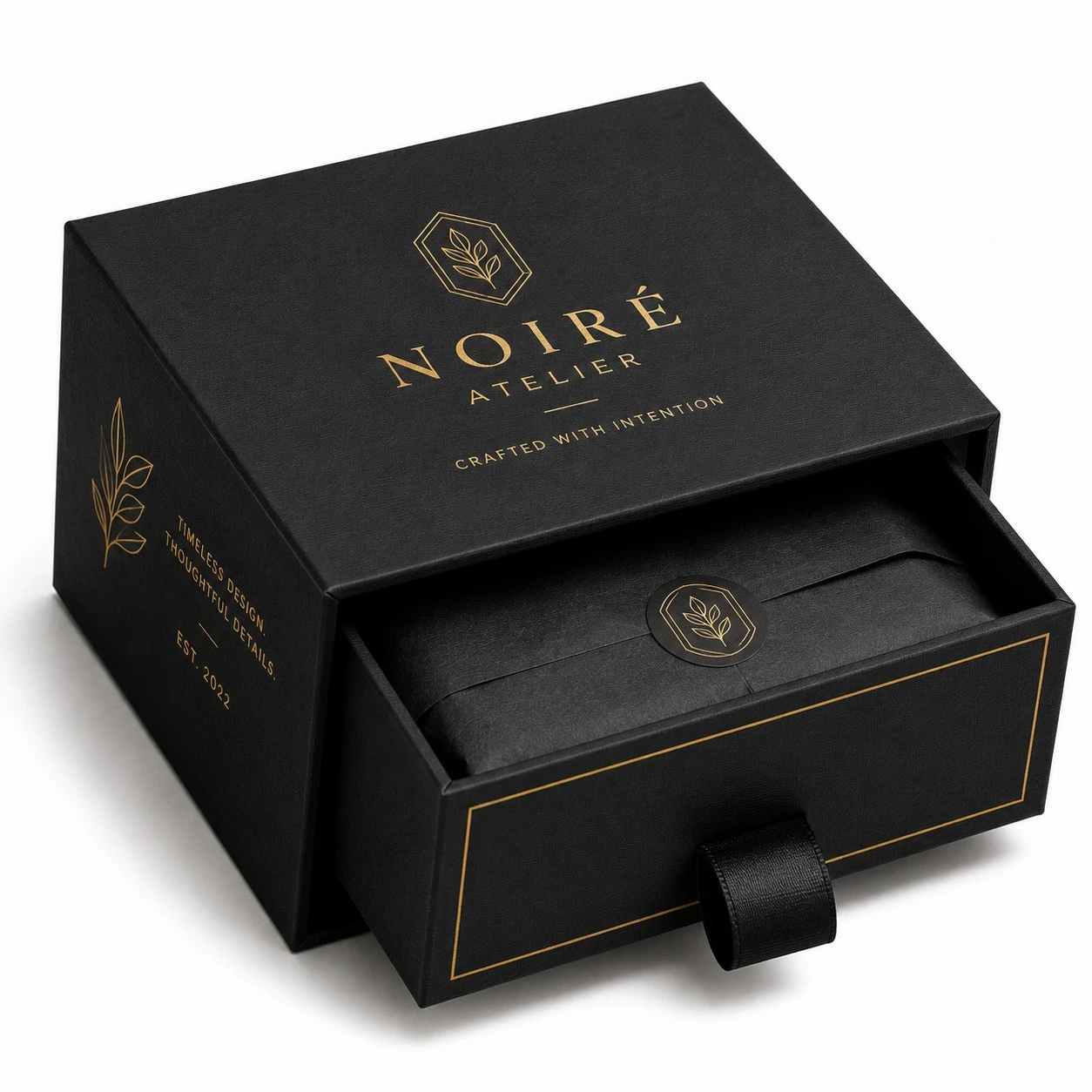 custom black fabric drawer box gold foil