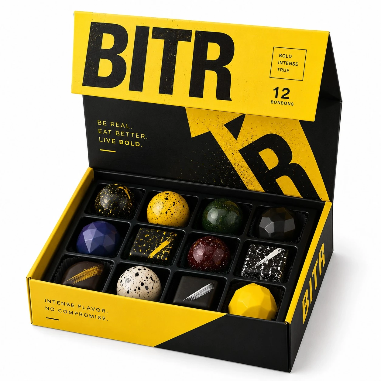 custom bonbon boxes bold yellow open