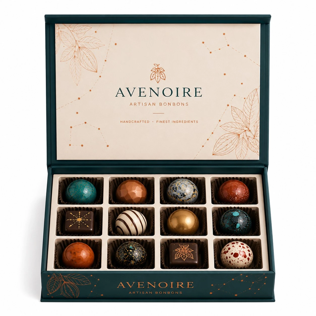 custom bonbon boxes front view 12 piece