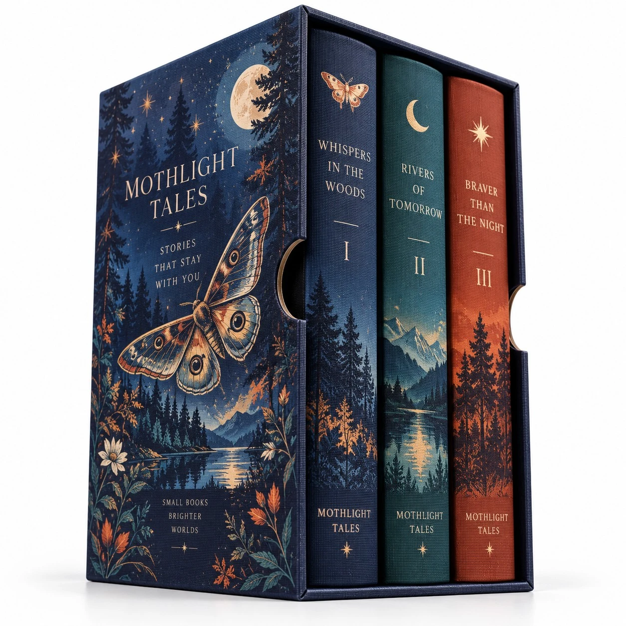 custom book slipcase boxes moth forest illustrated set.webp