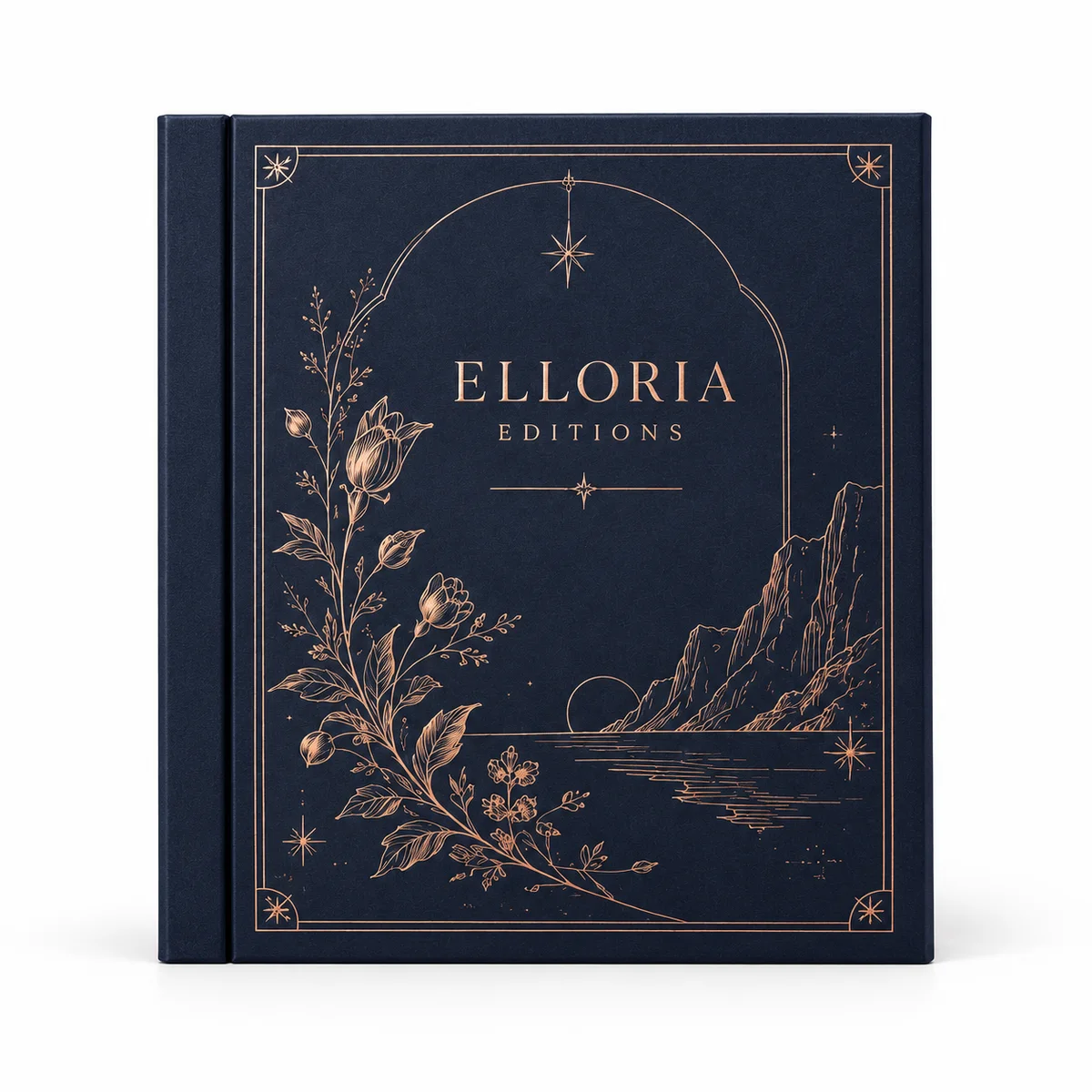 Front-facing navy book-style rigid gift box with Elloria Editions lettering and copper botanical and celestial artwork.