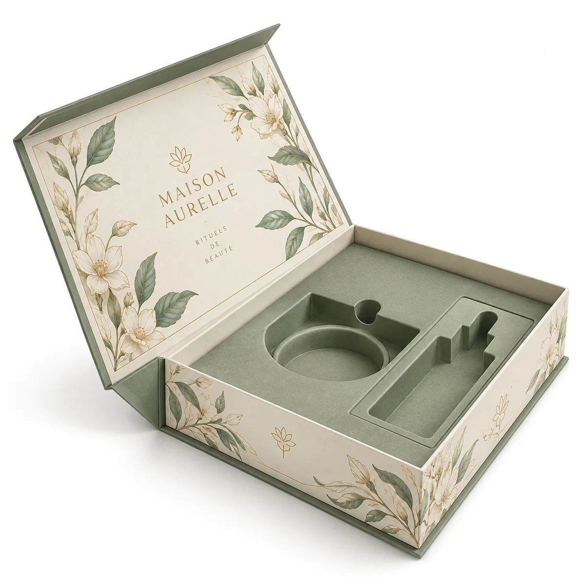 Open ivory and sage book-style rigid skincare box with Maison Aurelle floral artwork and two fitted product compartments.