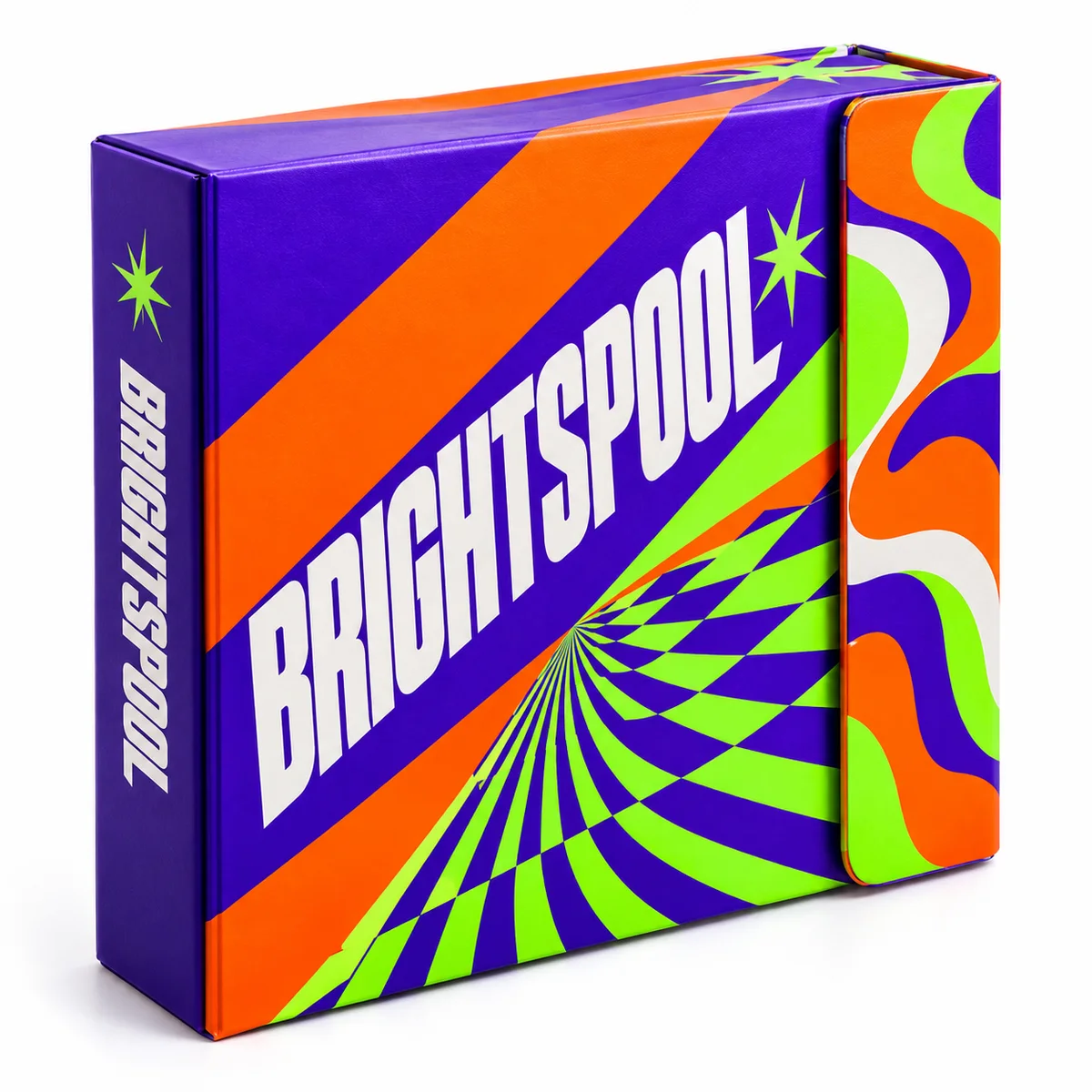 Angled view of a closed Brightspool booklet box with vivid violet, orange, and lime optical graphics and a patterned closure flap.