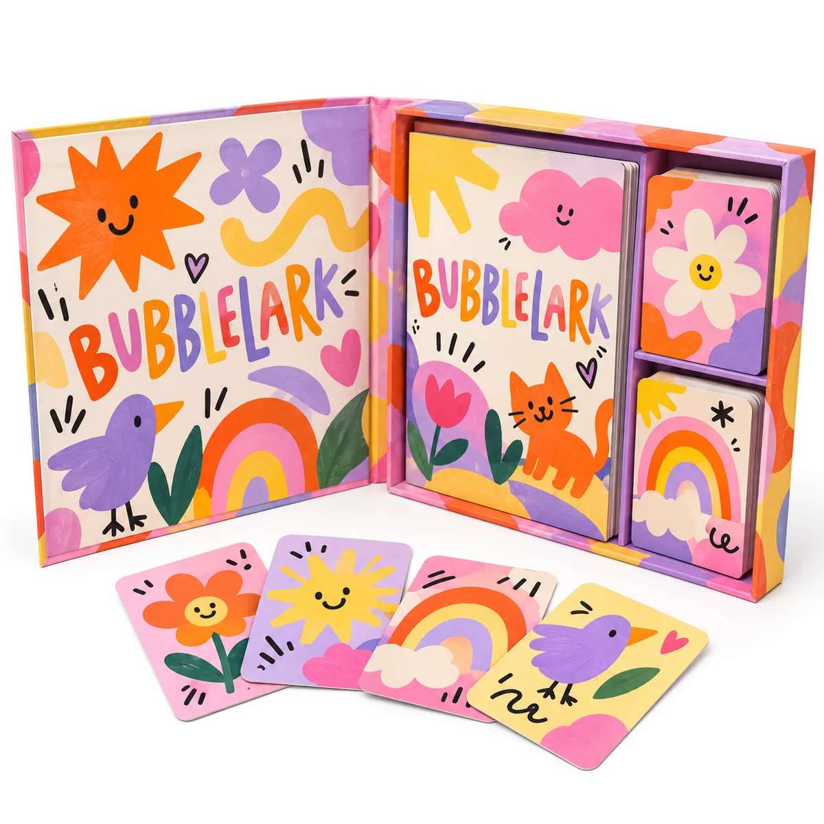 Open Bubblelark activity booklet box with colorful doodle graphics, a matching booklet, and illustrated cards arranged in front.