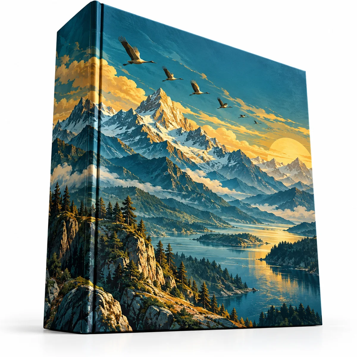 Low-angle view of a closed illustrated booklet box wrapped in a teal and golden mountain landscape with birds flying across the cover.
