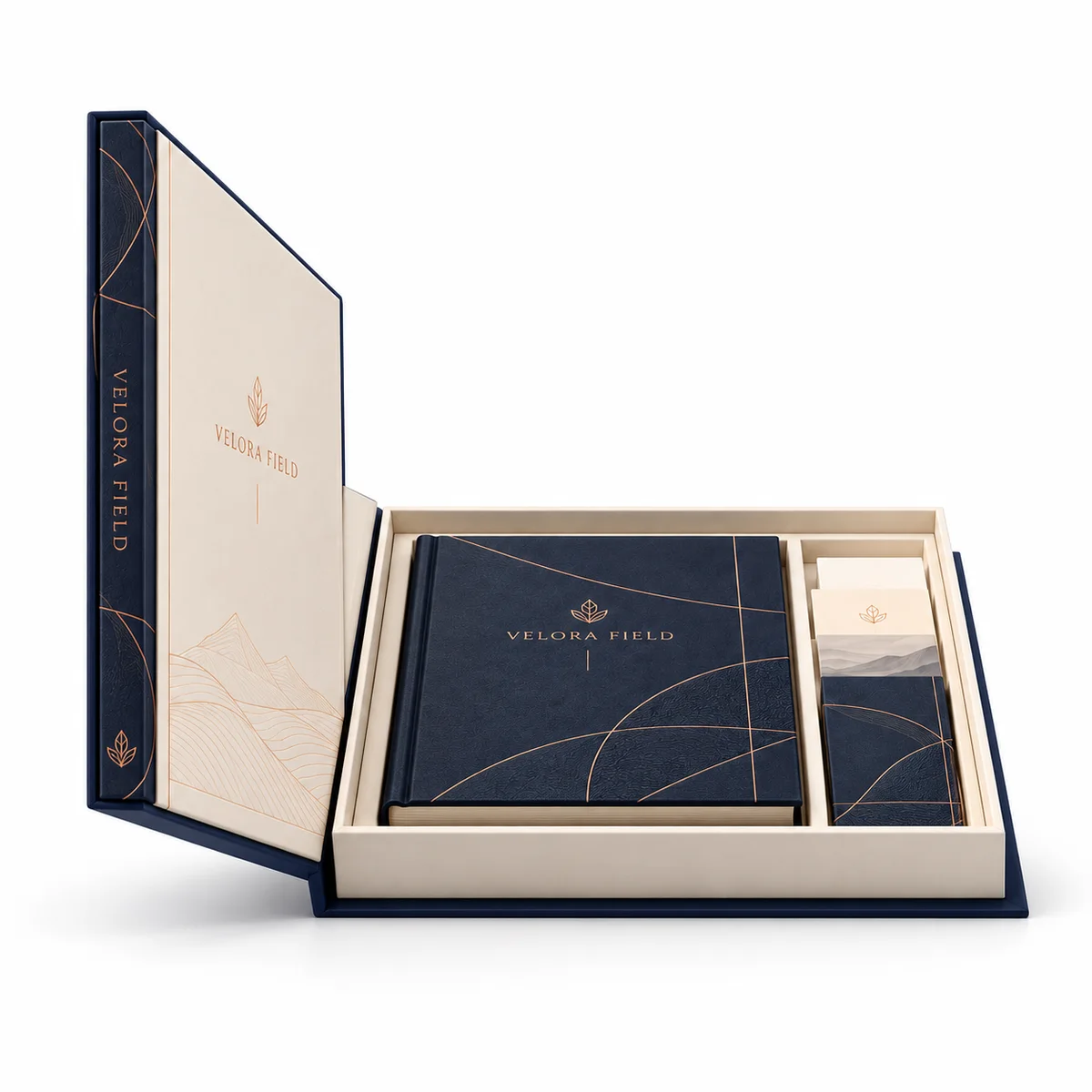 Eye-level front view of an open custom booklet box with an upright branded cover, fitted navy booklet, and narrow card compartment.