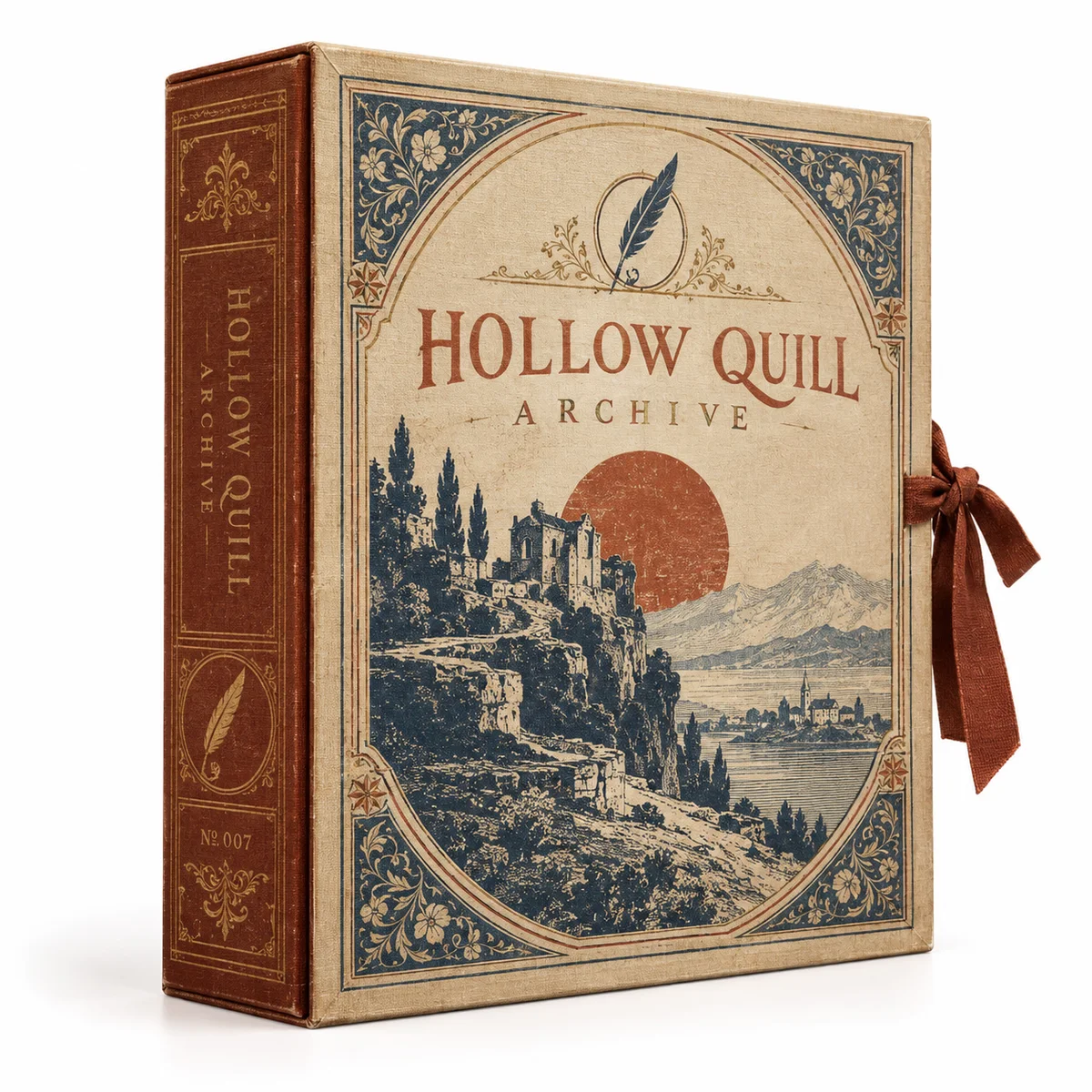 Closed Hollow Quill Archive booklet box with vintage engraved landscape artwork, an ornate spine, and a rust-colored ribbon closure.