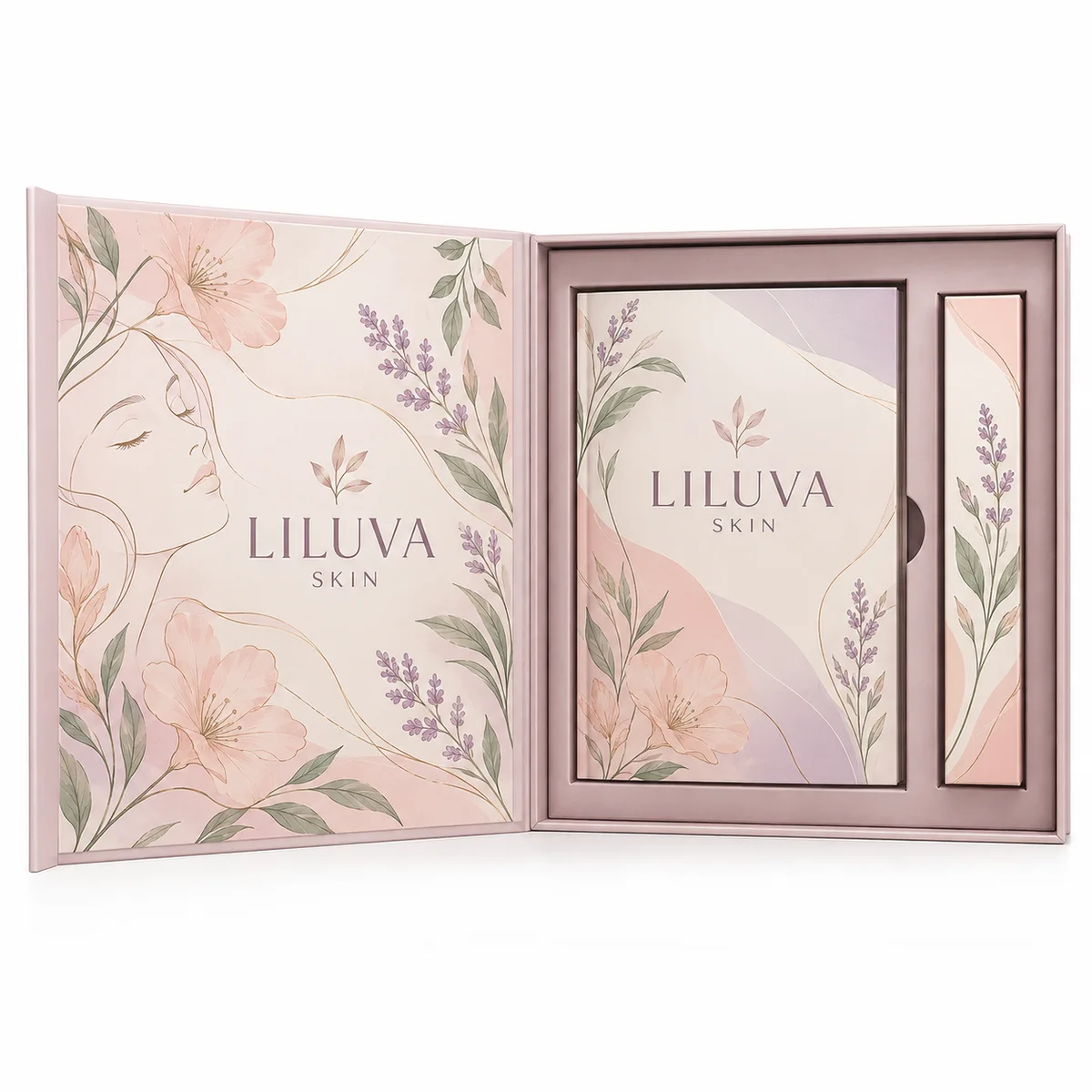 Open Liluva Skin booklet box with pastel floral artwork, an illustrated inside cover, a matching booklet, and a slim side compartment.